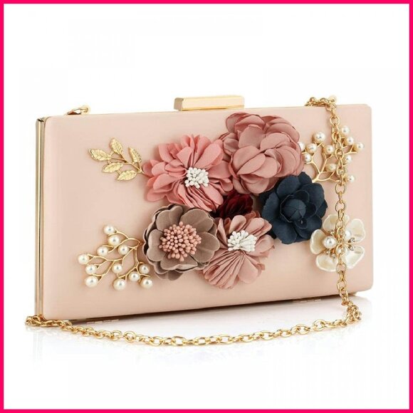 Floral Beaded PU Leather Clutch Crossbody Bag Elegant Evening Wedding Purse